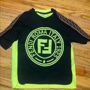 Fendi Kids Black and Neon Green Logo T-Shirt